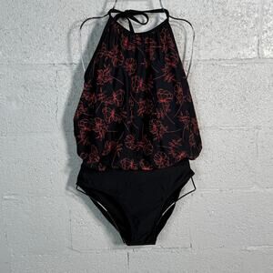 Calvin Klein Printed Blouson One Piece Swimsuit black/coral 10